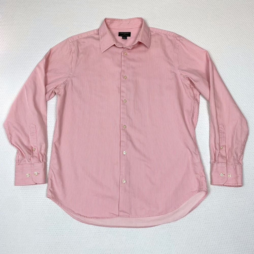 Banana Republic Mens M 15-15.5 Pink White Striped Non Iron Classic Fit Shirt LS